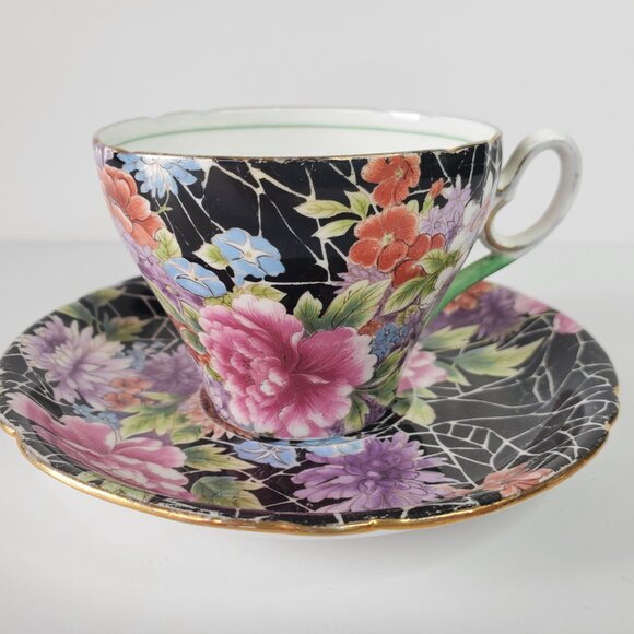 Vintage Shelley China “Black Chintz” Cup & Saucer – 1937 Registered Design - Picture 9 of 10